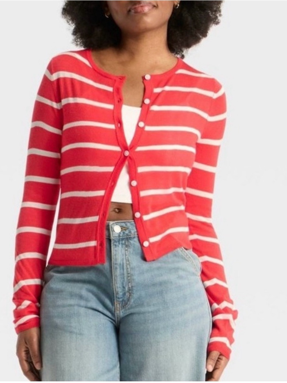 wild fable Red and White Striped Button-Front Crewneck Cardigan